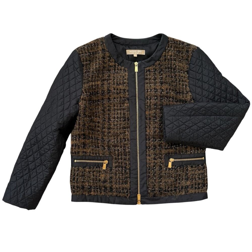 Michael Kors Italy Tweed Boucle Quilted Zip Up Collarless Blazer Black Green 8
